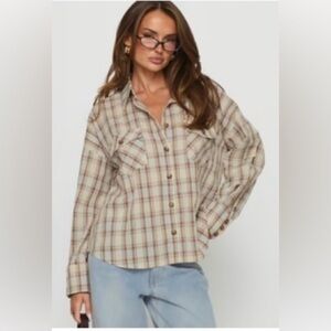 Princess Polly Womens US 4 Button Front Shirt Jacket Shacket Beige Black Flannel